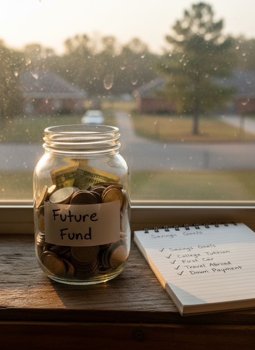 A close‑up of a sturdy glass jar labeled “Future Fund” in handwritten marker, filled with a mix of shiny coins and carefully folded small‑denomination bills, positioned on a rustic wooden windowsill overlooking a hazy, tree‑lined East Texas neighborhood. Next to the jar lies a simple spiral notebook open to a page titled “Savings Goals,” with neatly written categories and checkboxes. Warm golden hour sunlight pours through the window, creating delicate highlights on the glass and casting long, soft shadows. Photographic realism with shallow depth of field, shot at a slight angle, producing a calm, hopeful, and aspirational mood that symbolizes youth building a strong financial future.