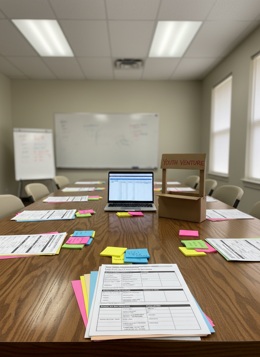 A long, polished oak conference table in a modest East Texas community center, covered with organized stacks of youth entrepreneurship worksheets, colorful business idea sticky notes, and a small cardboard model of a pop‑up stand labeled “Youth Venture.” Beside it, a simple laptop displays a clean financial budgeting spreadsheet. Fluorescent ceiling lights mix with soft window light, creating even, bright illumination and subtle reflections on the table’s surface. Photographic realism, captured from a slightly elevated angle using rule‑of‑thirds composition, with chairs and a whiteboard in soft focus behind, evoking a professional yet welcoming environment for structured money‑skills workshops without any people present.