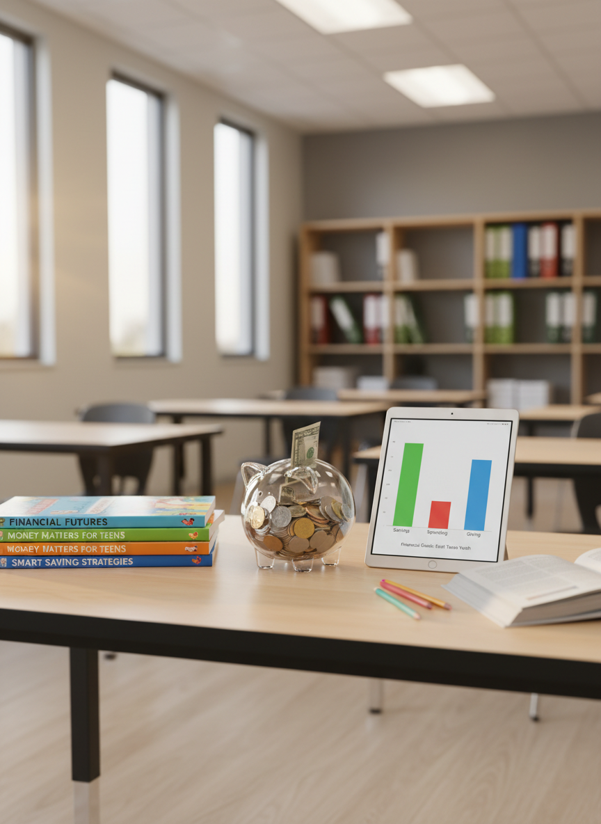 A neatly arranged study desk in a bright, modern community classroom, featuring colorful financial education workbooks, a clear acrylic piggy bank half‑filled with coins and small bills, and a sleek tablet displaying a simple bar chart labeled “Savings,” “Spending,” and “Giving.” The desk sits on a clean light‑wood floor, with blurred bookshelves of binders and folders in the background. Soft afternoon sunlight filters through large windows, casting gentle, natural highlights across the piggy bank’s transparent surface. Photographic realism, shot at eye level with a shallow depth of field to keep the materials in crisp focus while the background softly fades, creating a professional, optimistic atmosphere that suggests organized financial learning in East Texas.