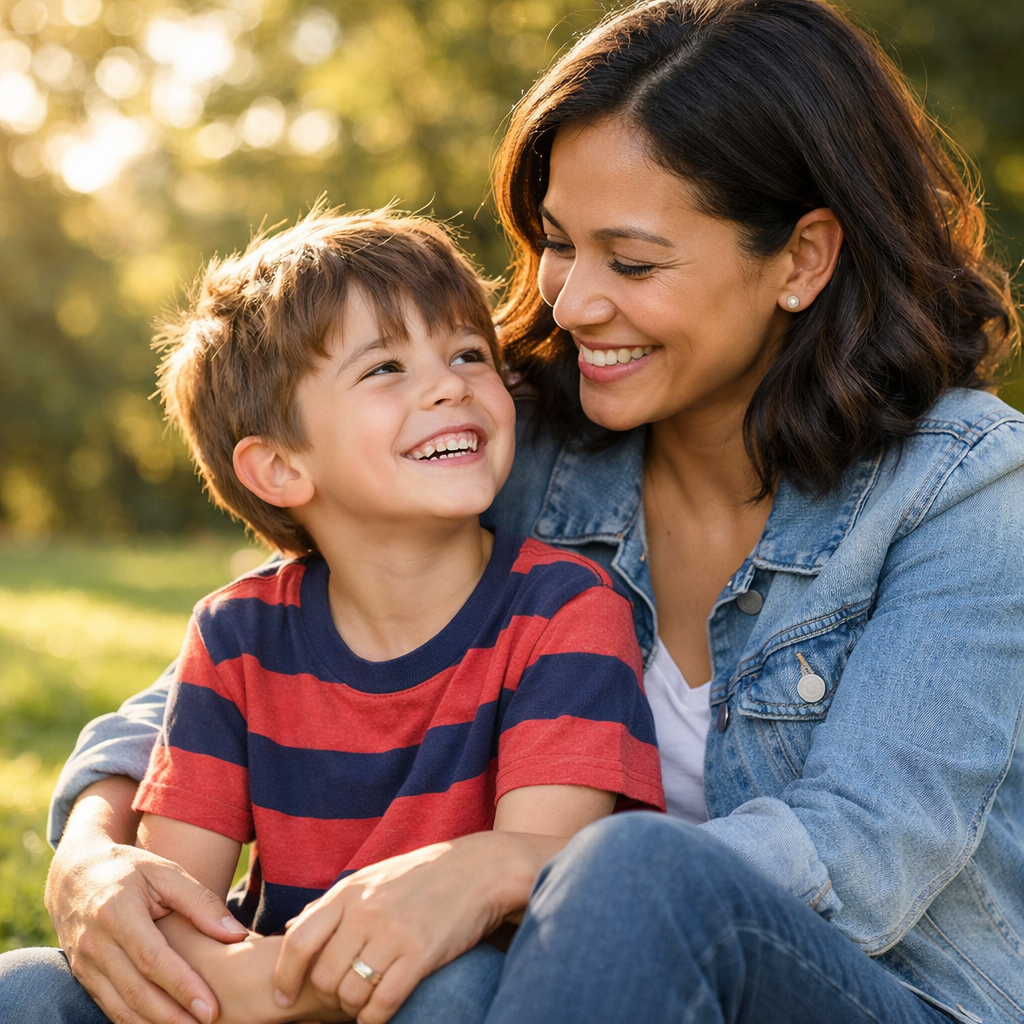 Mother and young son smiling and embracing outdoors