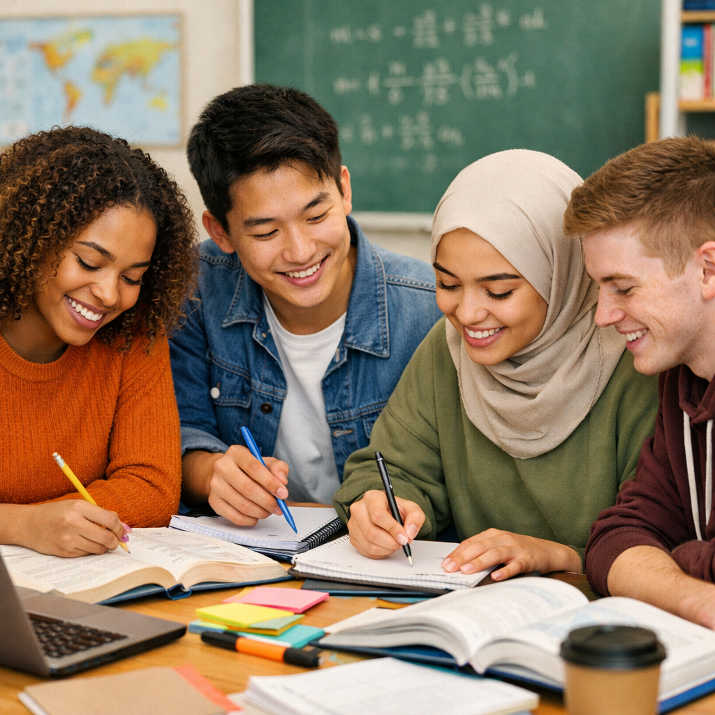Diverse students studying together in classroom