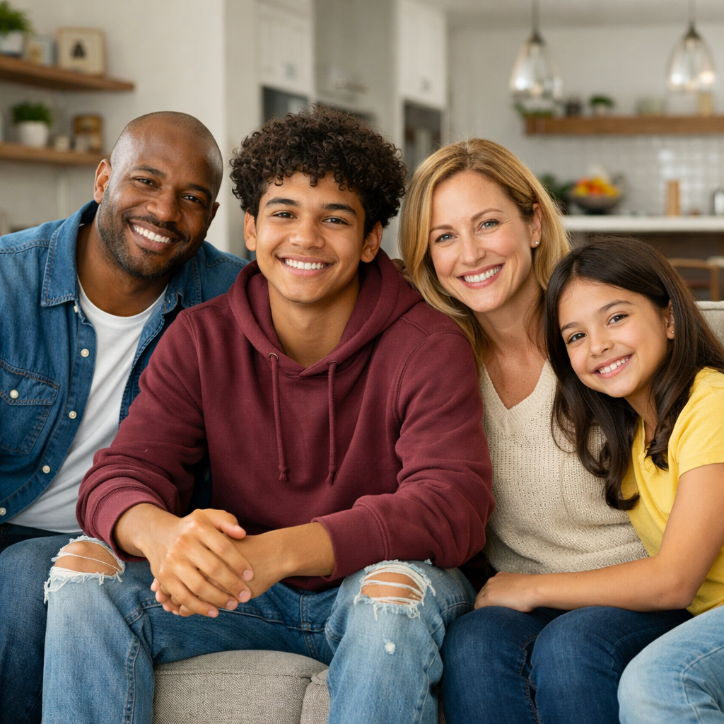 Smiling diverse family of four sitting closely on a couch in a living room